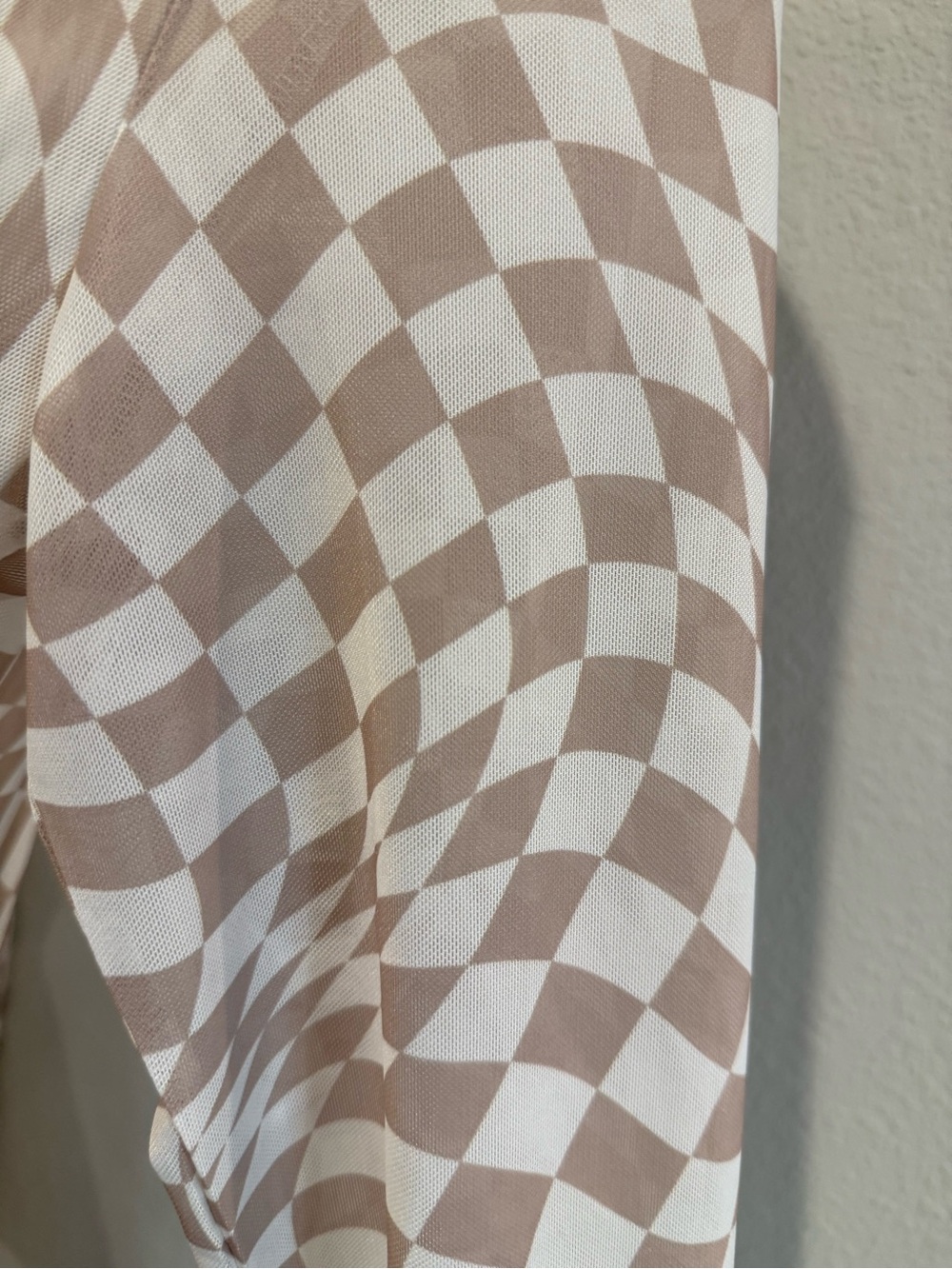 Davi & Dani Tan/Ivory Checkerboard Mesh Long Sleeve Layering Top -